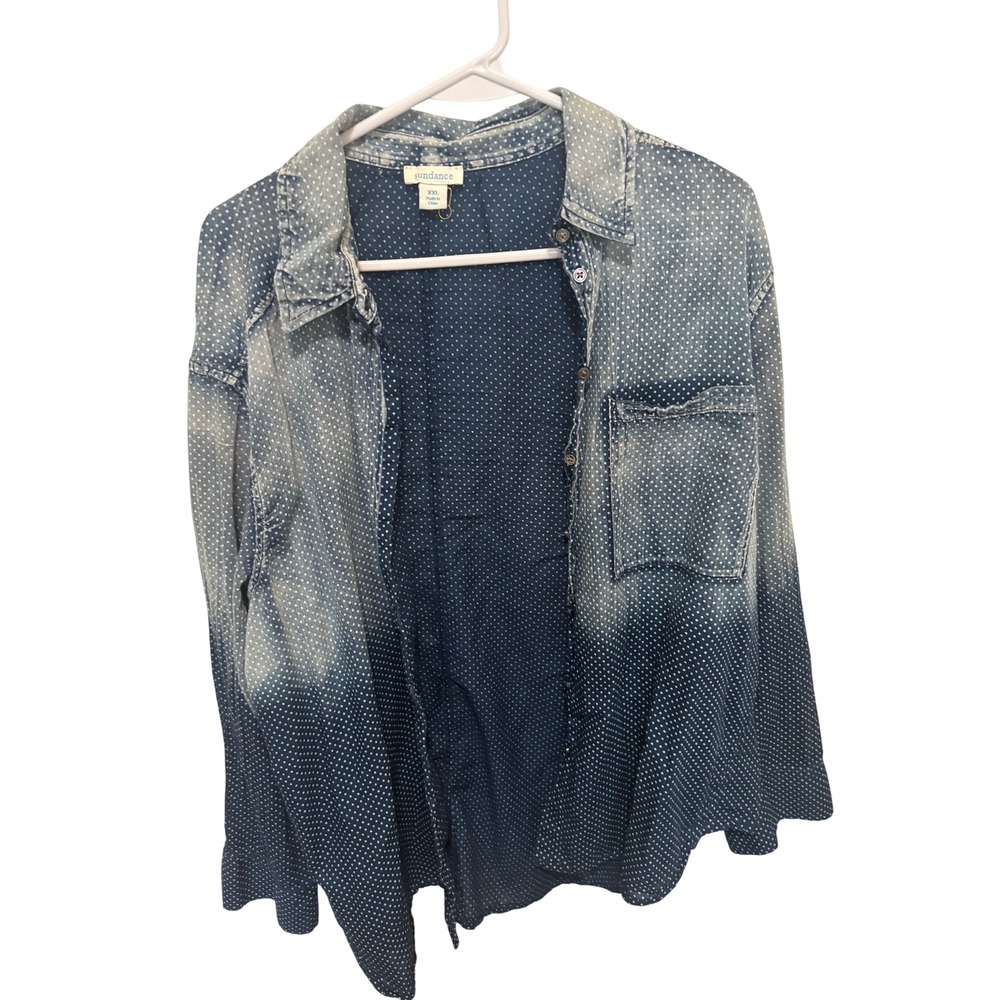 Sundance Polka Dot Ombre Acid Wash Button Down Shirt Blue XXL Long Sleeve